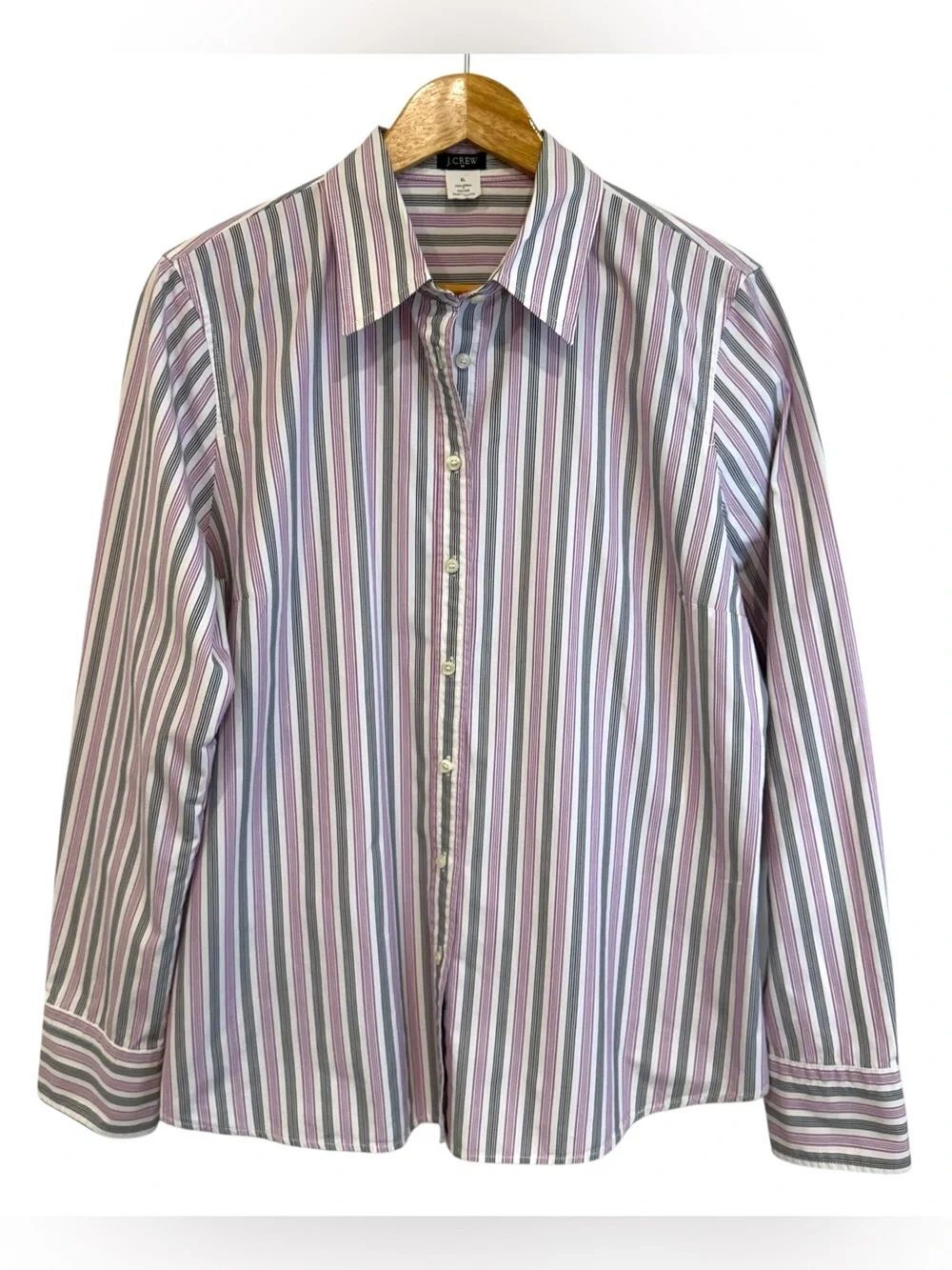 J. Crew Women's White Pink, Purple, Grey Striped 100% Cotton Button Down Shirt